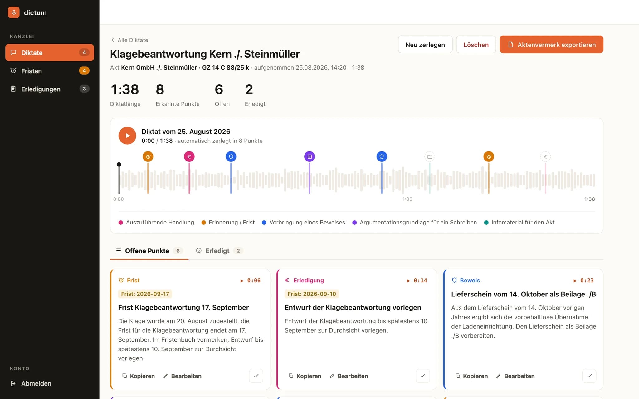 Dictation prototype with audio and reviewable tasks and deadlines. All names and case details are fictional.
