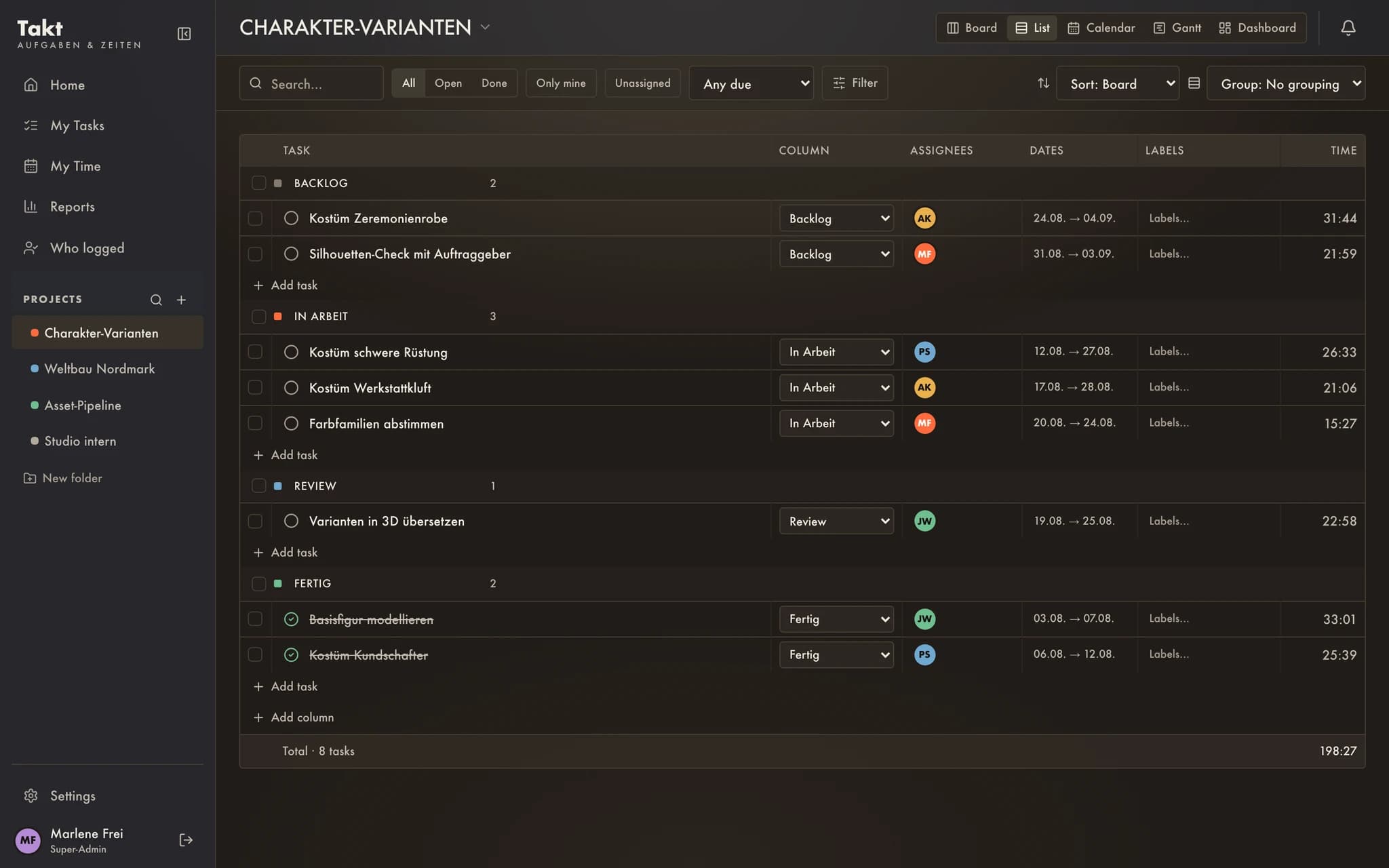 Project task list with responsibilities, dates and time tracked against each task. Fictional demo data.