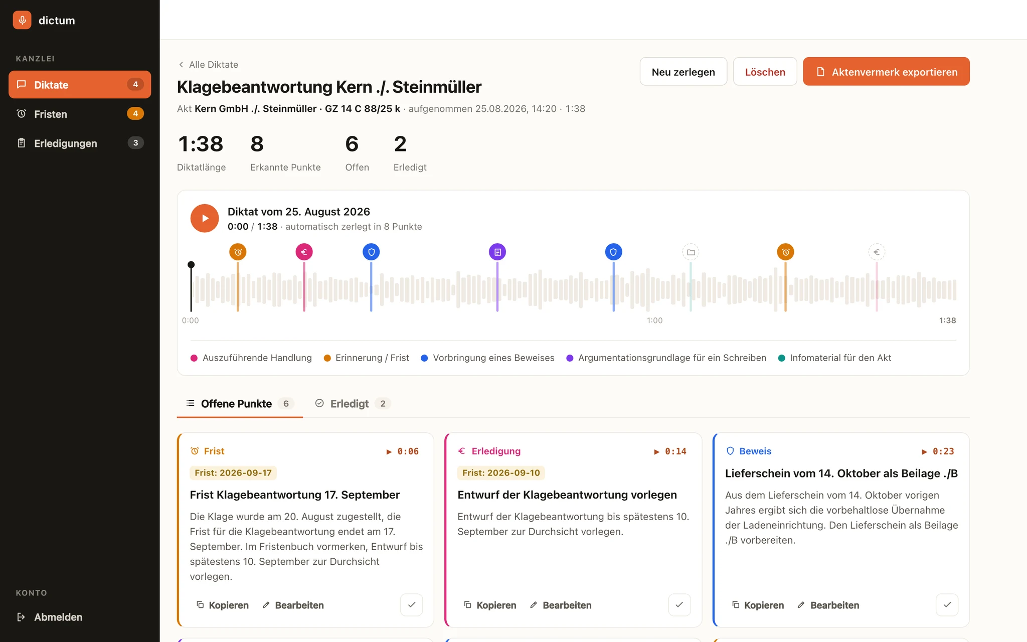 Dictation prototype with audio and reviewable tasks and deadlines. All names and case details are fictional.