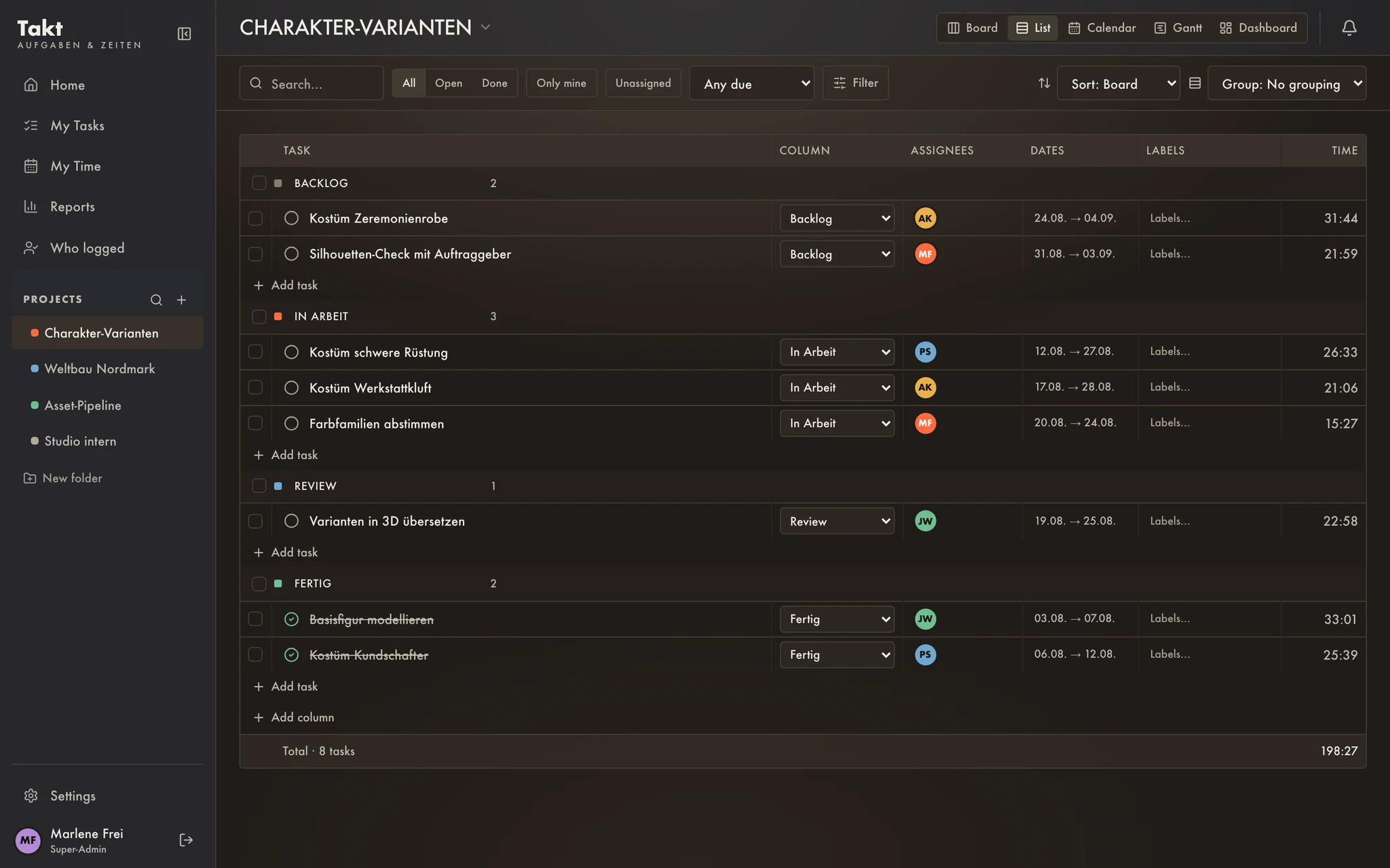Project task list with responsibilities, dates and time tracked against each task. Fictional demo data.